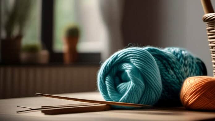 a blue knitted yarn on the table