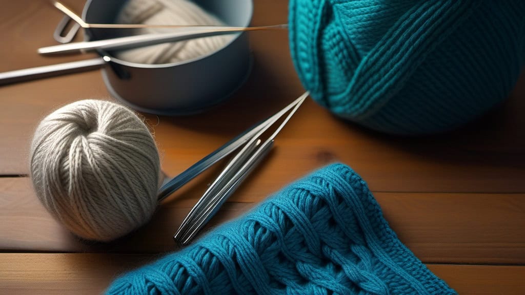 blue knitting yarns on a table